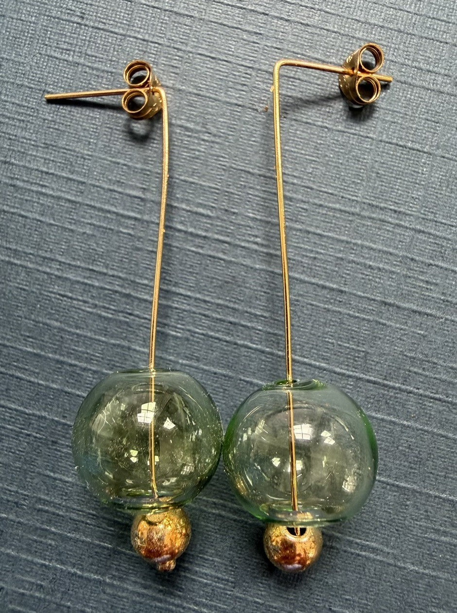 Fun Green Bubble Blown Glass Dangle And 14k GF Hooks And Backs