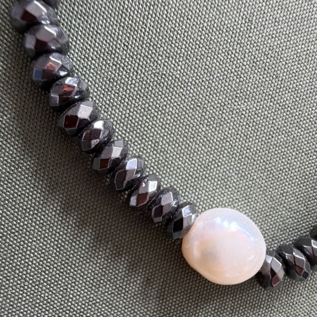 Hematite Stretch Bracelet with large Pearl White  Accent 7" 