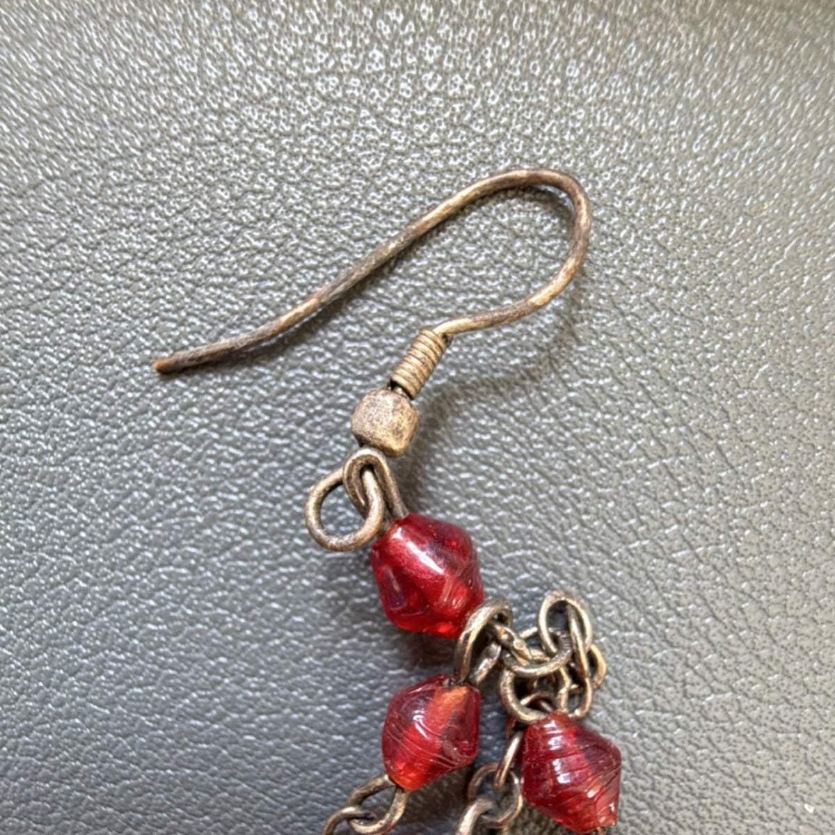Handcrafted Bronze Filigree Chandelier Earrings Red Glass Beads Bohemian