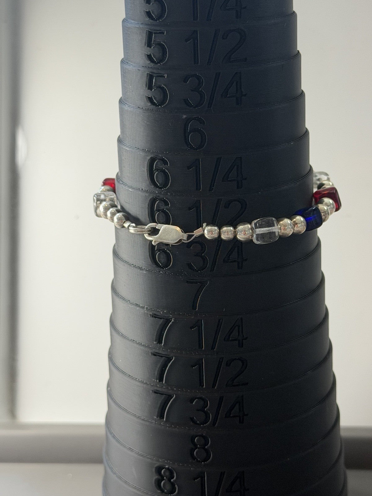 Red White Blue USA Bracelet Glass Beads Cube Sterling Silver Spacers Clasp 6.5