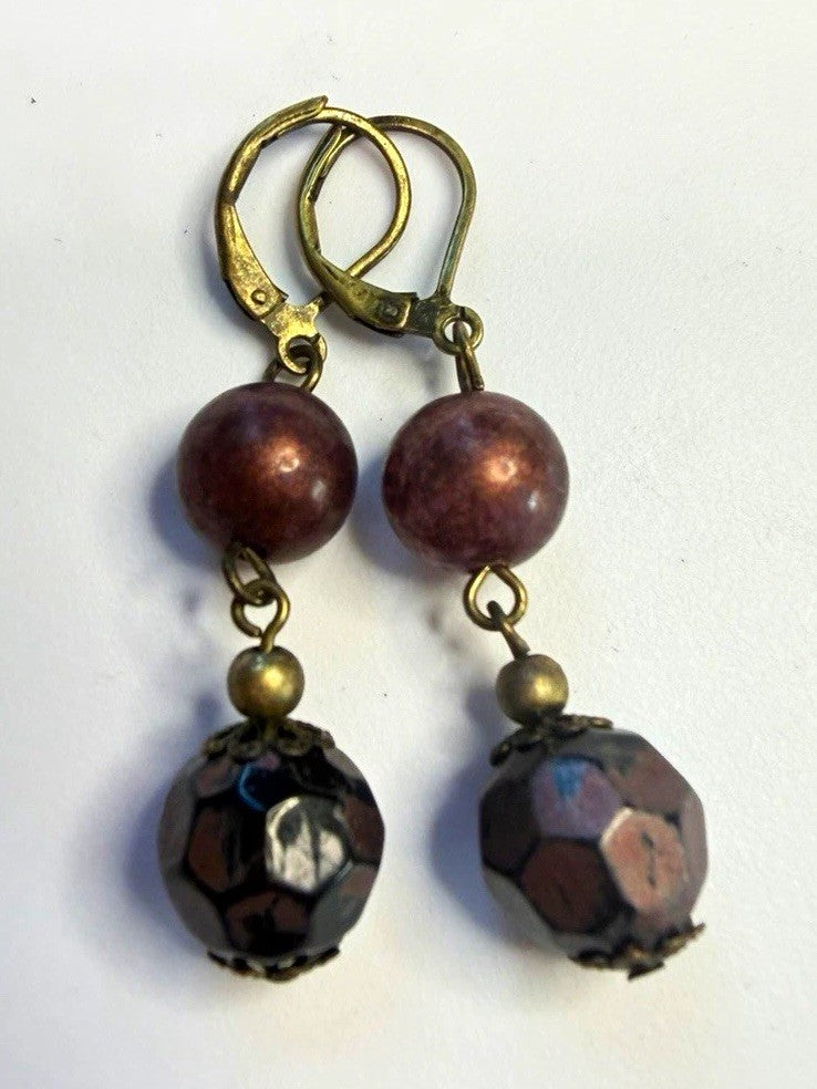 Brown or Dark Maroon Round Bead Dangle/Drop Earrings Leverback Lobe Pierced