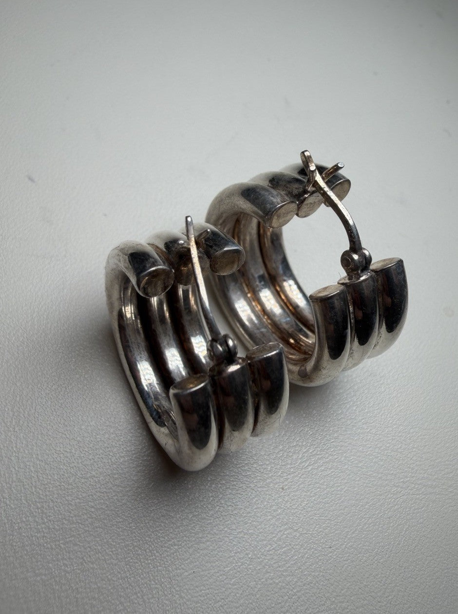 Vintage Sterling Silver 925 Earrings Pierced Triple Ring Strand Hoops Layered