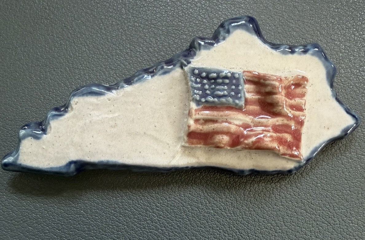 Louisville Stoneware Kentucky American Flag Brooch Handmade Ceramic Signed