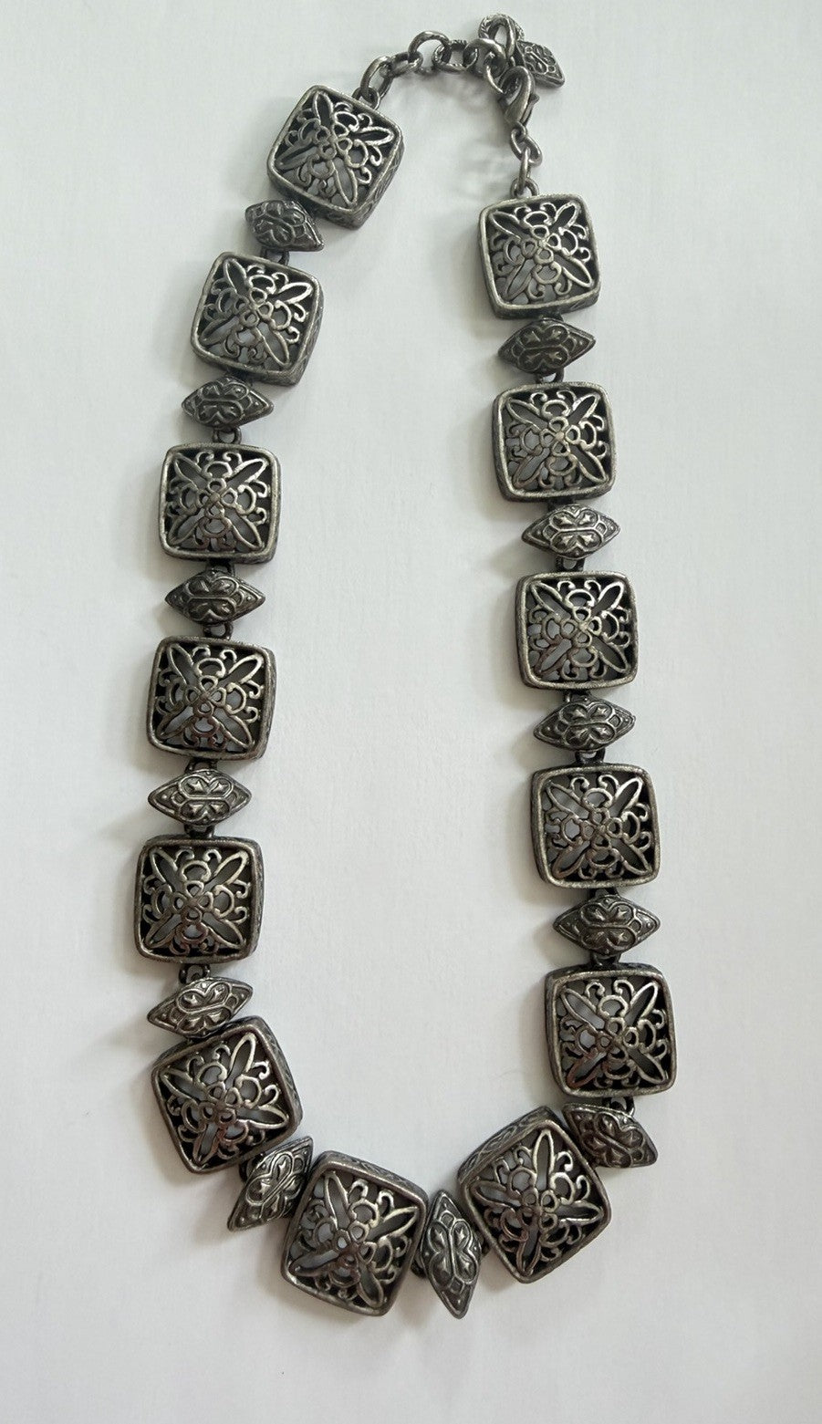 Vintage Anne Klein Necklace Chunky Silver Tone Square Floral Links 16 Inch