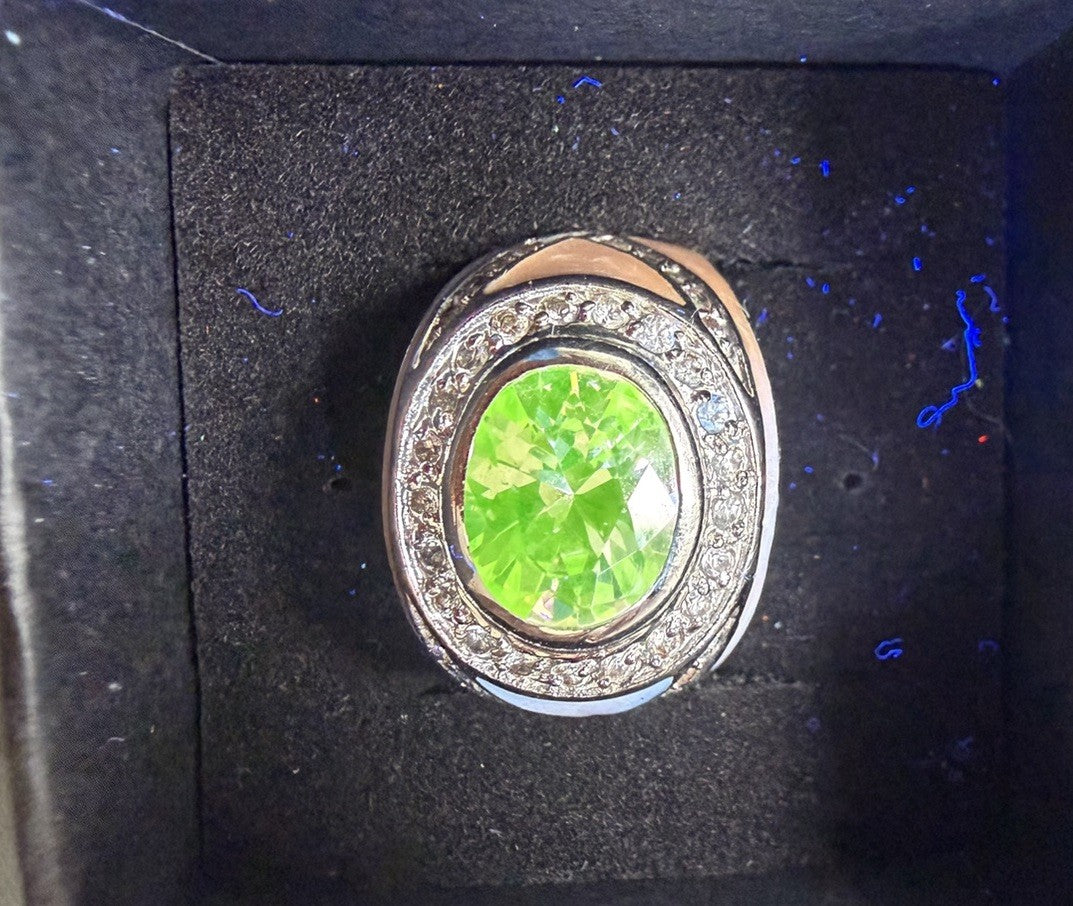Pink Uranium Glass & White CZs Pink Enamel Design Band Ring - SIZE 8