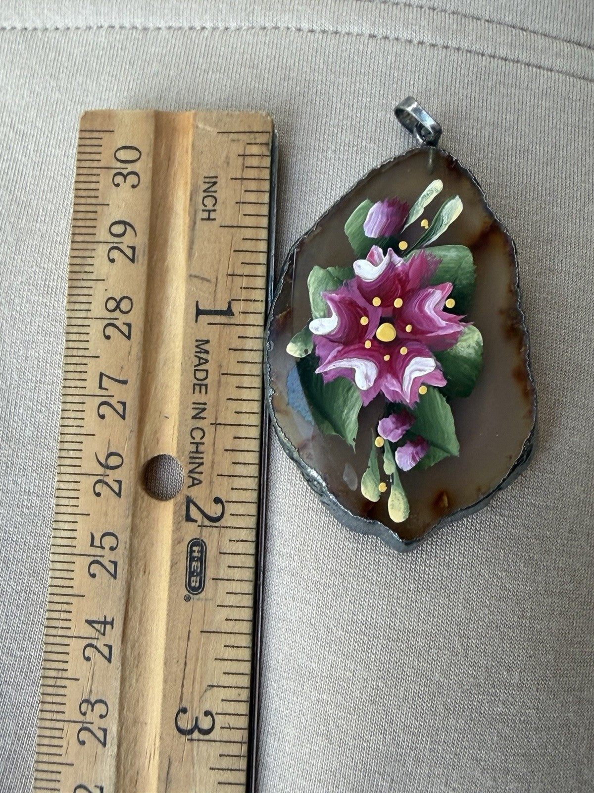 Gorgeous Pendant Artist Hand Painted Agate Floral Pink Flowers