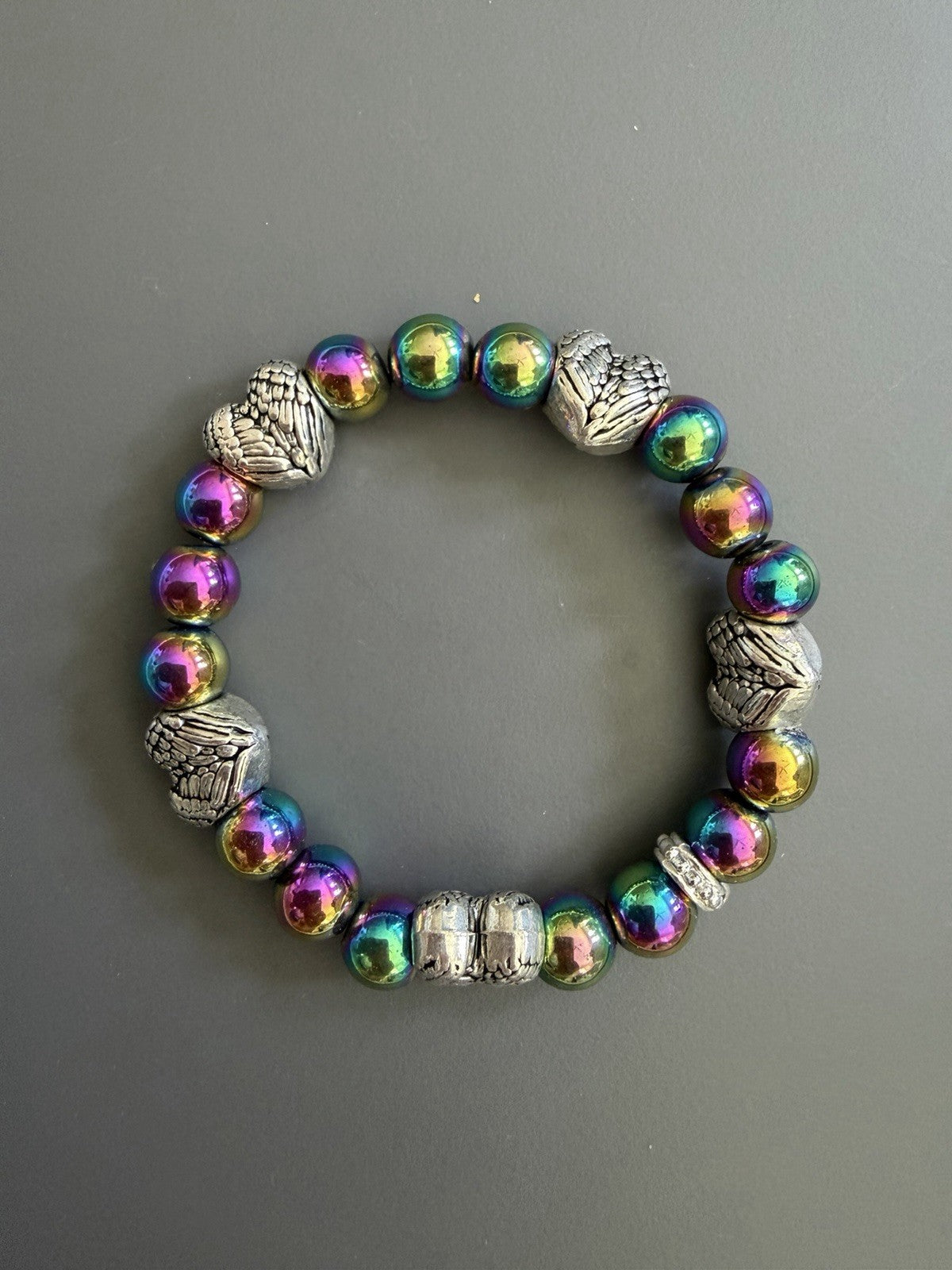 Smaller Rainbow Hematite & Heart Bead Bracelet