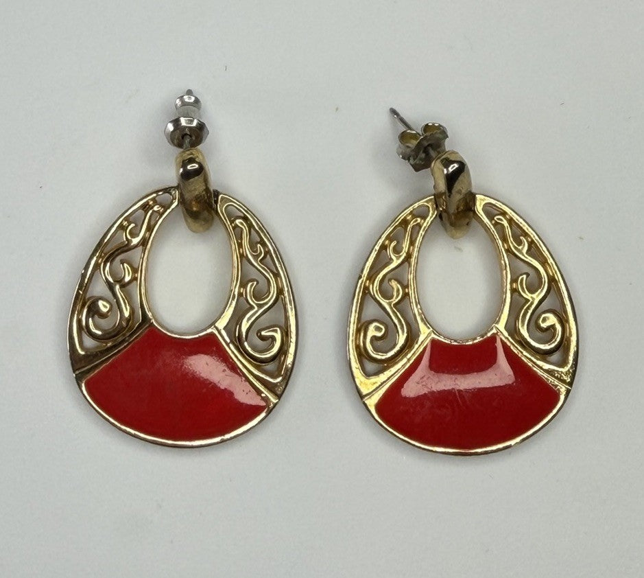 Vintage Filigree Drop Earrings Pierced Red Enamel Gold-Tone Earrings