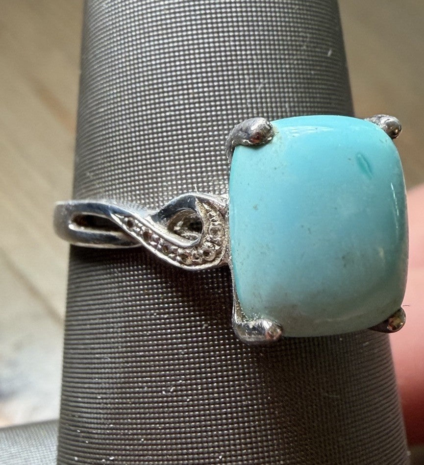 Sterling Silver Cushion-Cut Turquoise Diamond Ring by Gemologica Sz 9.75-10