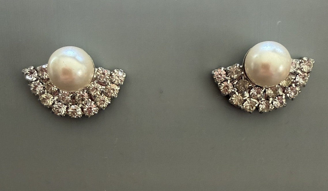 Vintage Silver Tone Faux Pearl and Waterfall  Rhinestone Earrings