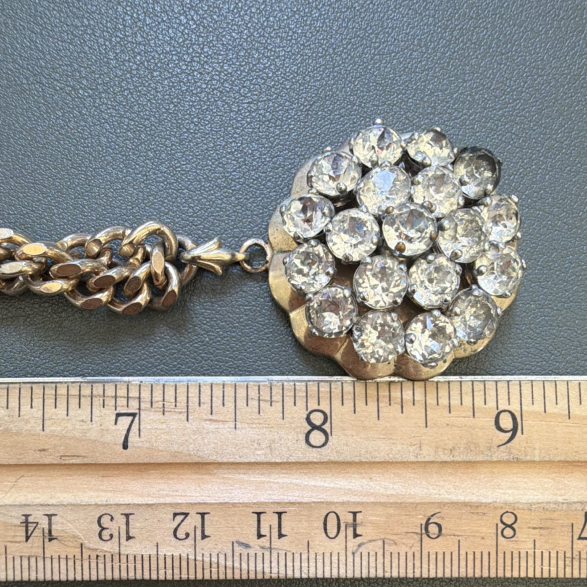 Barclay Signed Gold Tone Curb Chain Bracelet Box Clasp Rhinestone Flower Charm