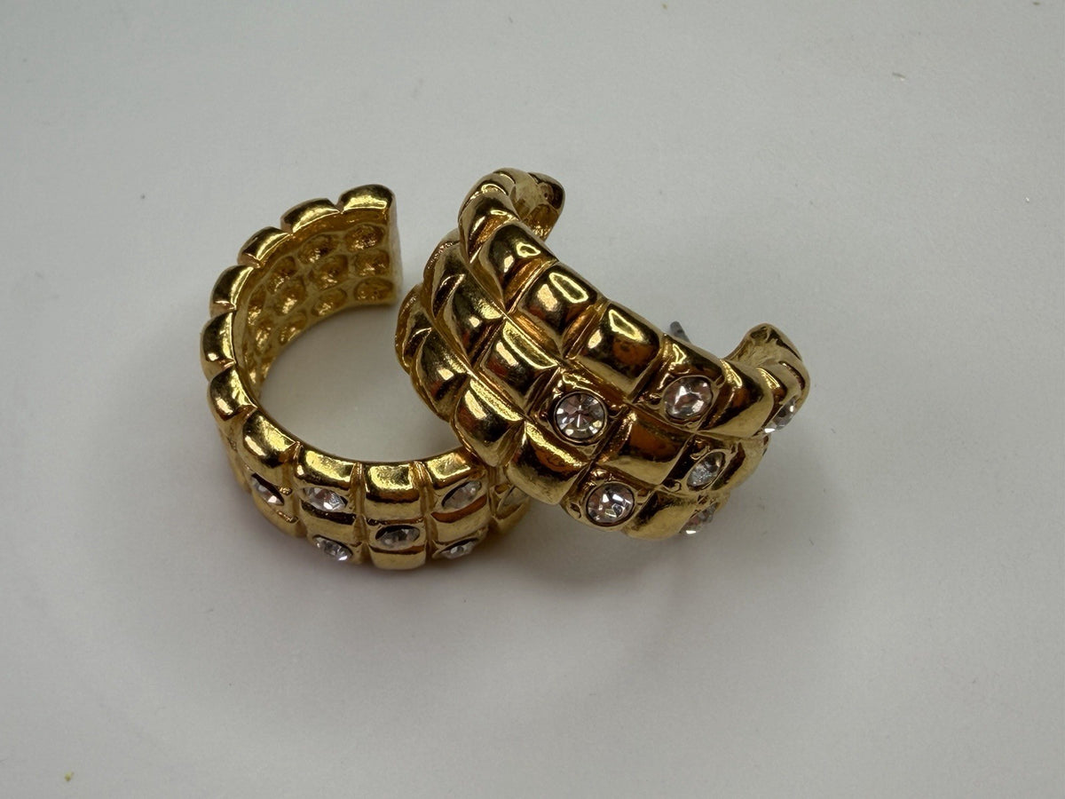 AVON 1980s Vintage Estate Chunky Hoop Pierced Gold Tone Earrings Rhinestones