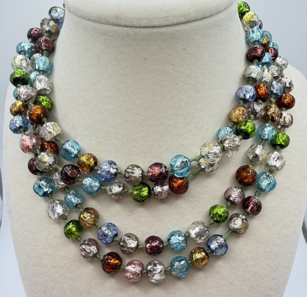 Vintage 48+inch Venetian Murano Art Multi Color Glass Silver Foil Hand Knotted
