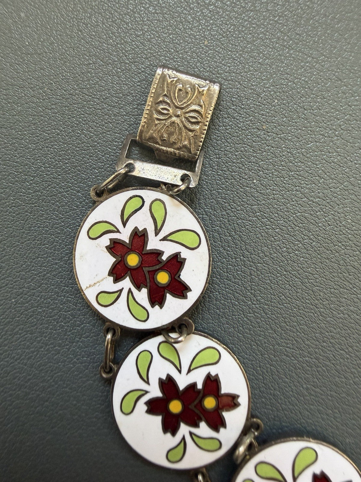 Vintage Enamel Floral Link Bracelet Round Disc Panels Multicolor Snap Closure