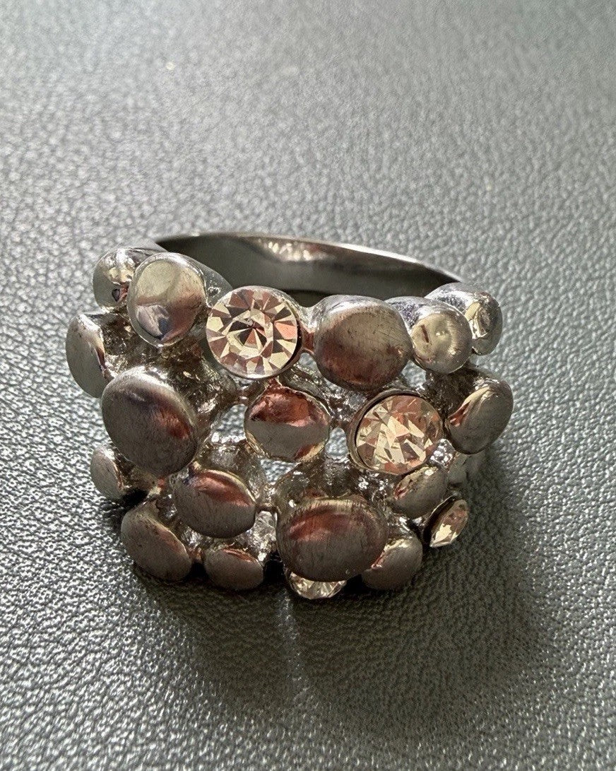 Silver Tone Cluster Cocktail Ring White  Crystal Rhinestone Size 7.25