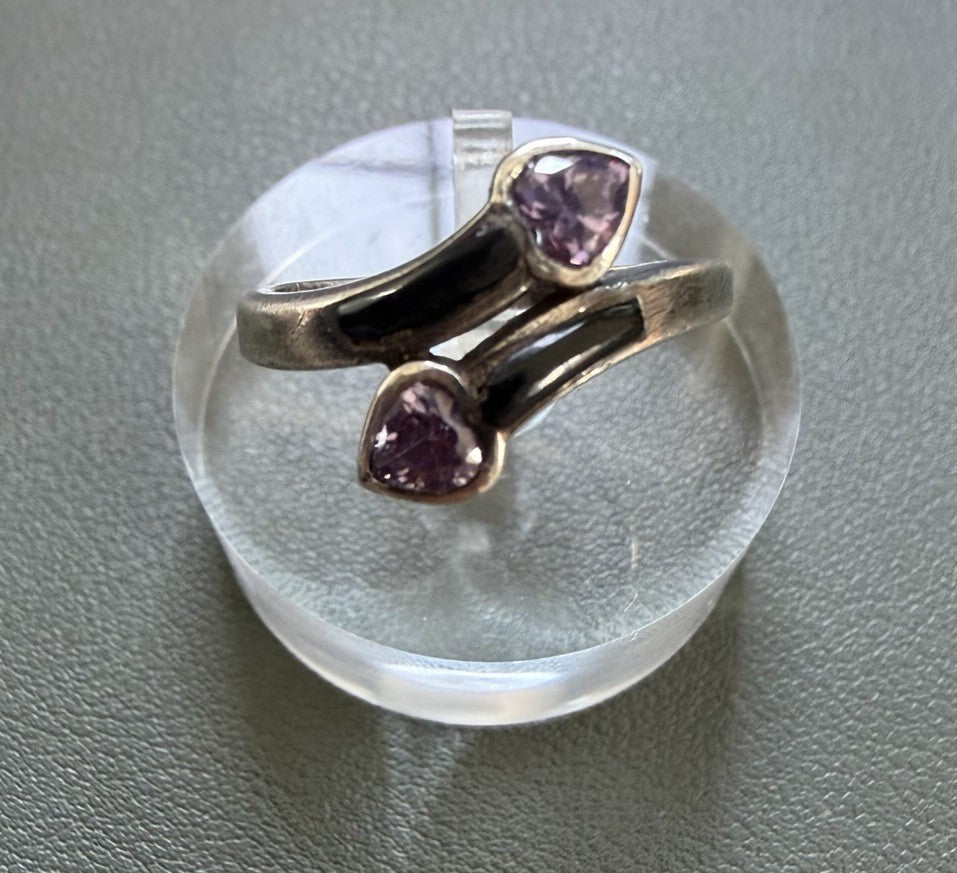 Sterling Silver 925 Amethyst Hearts & Black Inlay Wrap Bypass Ring Size 7.75