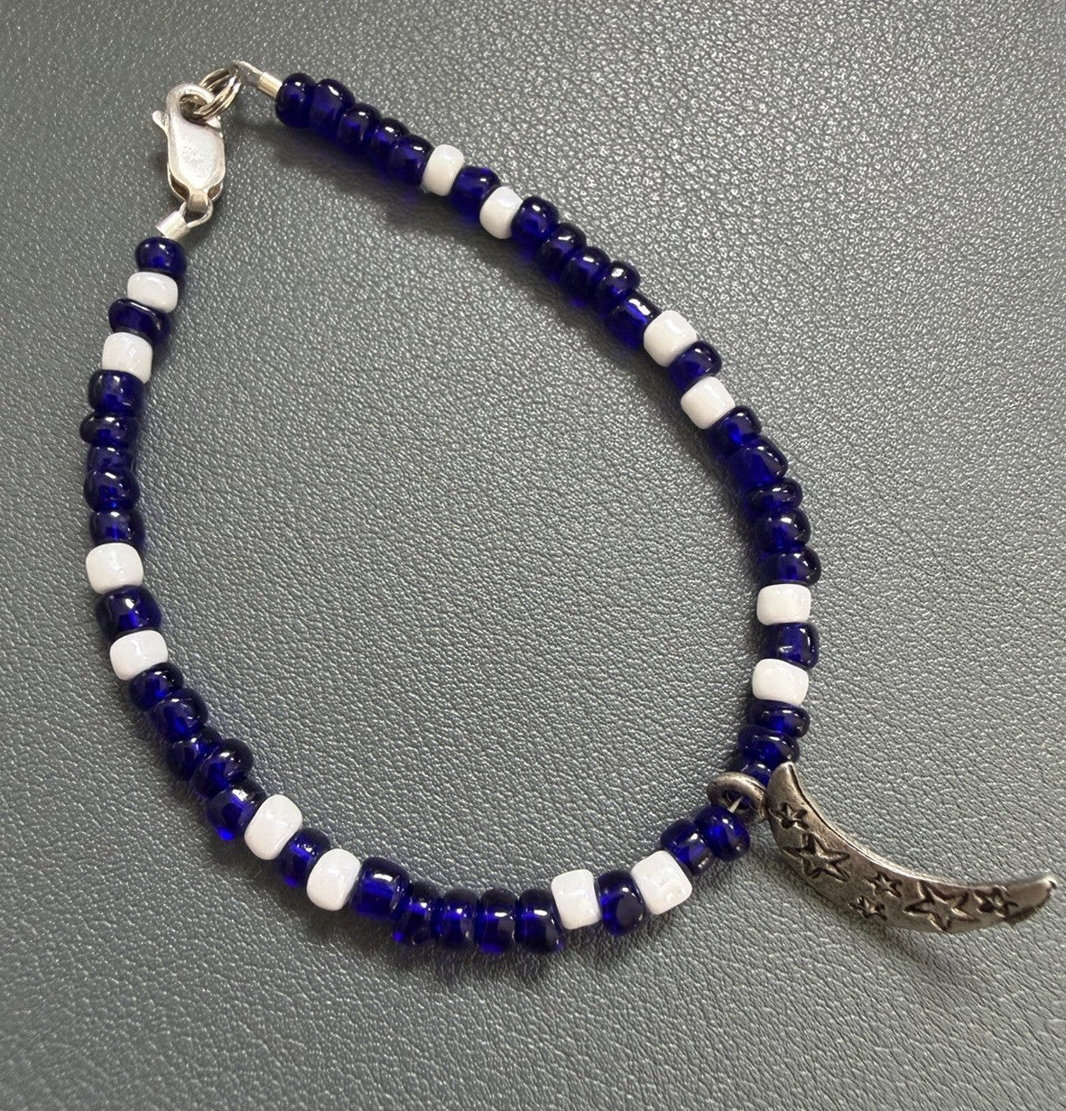 Sterling Silver 925 Blue And White Bead Bracelet With Moon Stars Charm