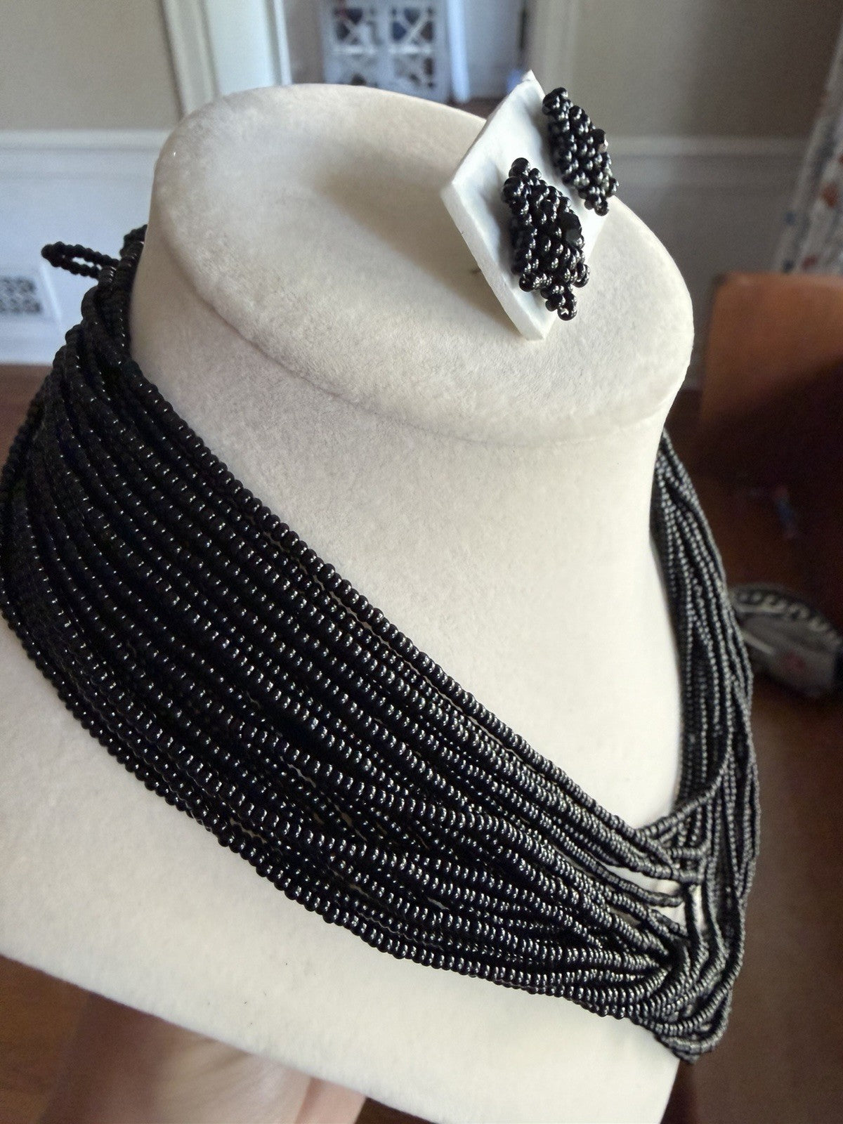 Black Glass Seed Bead Multi Strand Statement Necklace Earrings Set