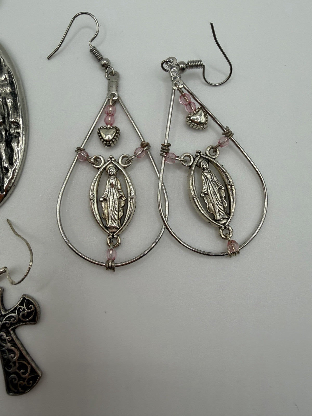 Lot Of 3 Silver Toned Religious Cross Earrings - Bundled