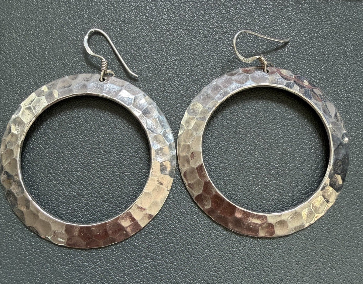Vintage Signed Sterling Silver 925 Shepherd Hook Hammered Hoop Earrings