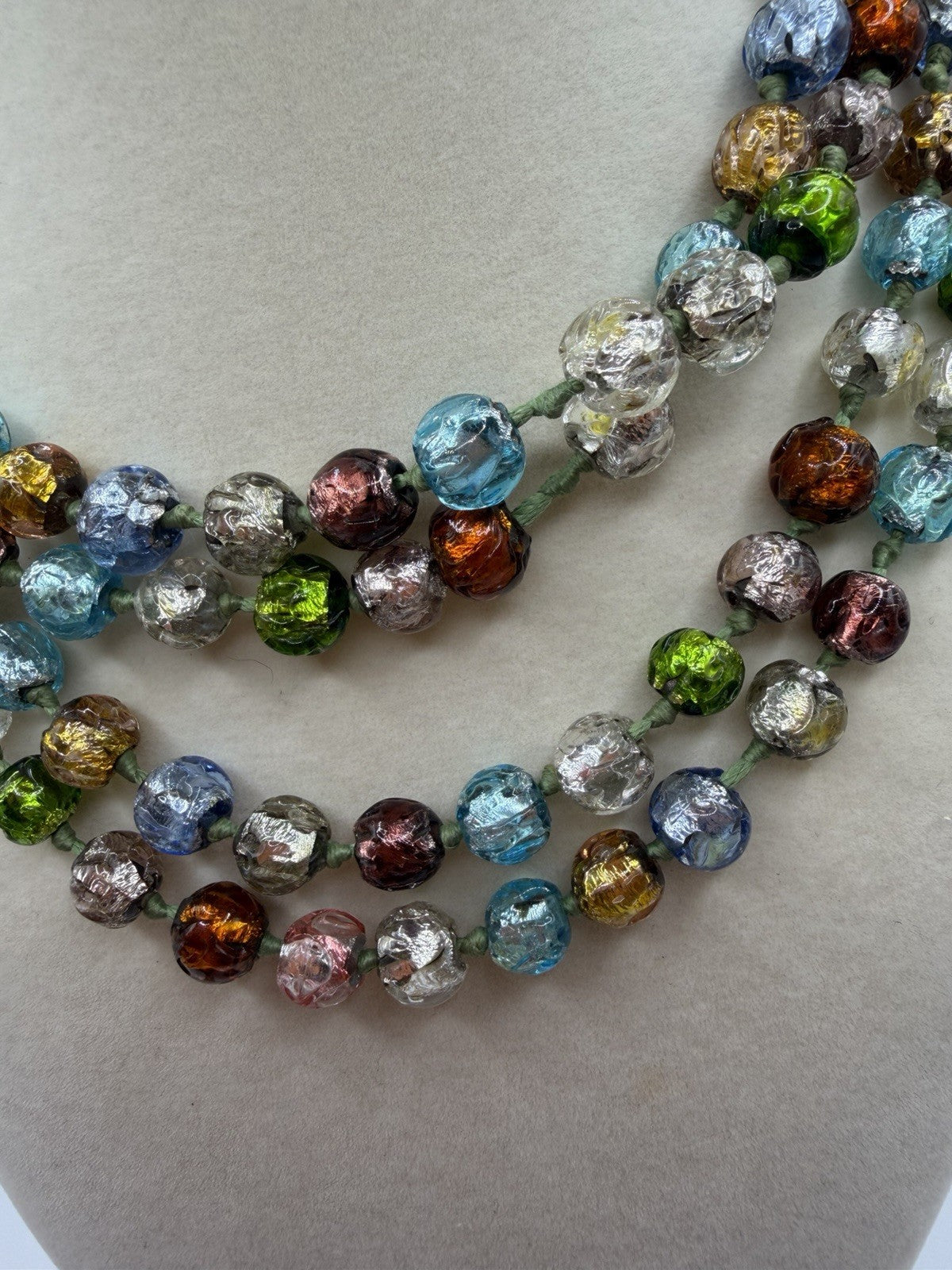 Vintage 48+inch Venetian Murano Art Multi Color Glass Silver Foil Hand Knotted