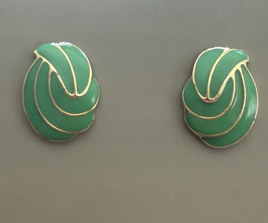 Vintage Green & Gold Tone Plated Swirl Pierced Earrings
