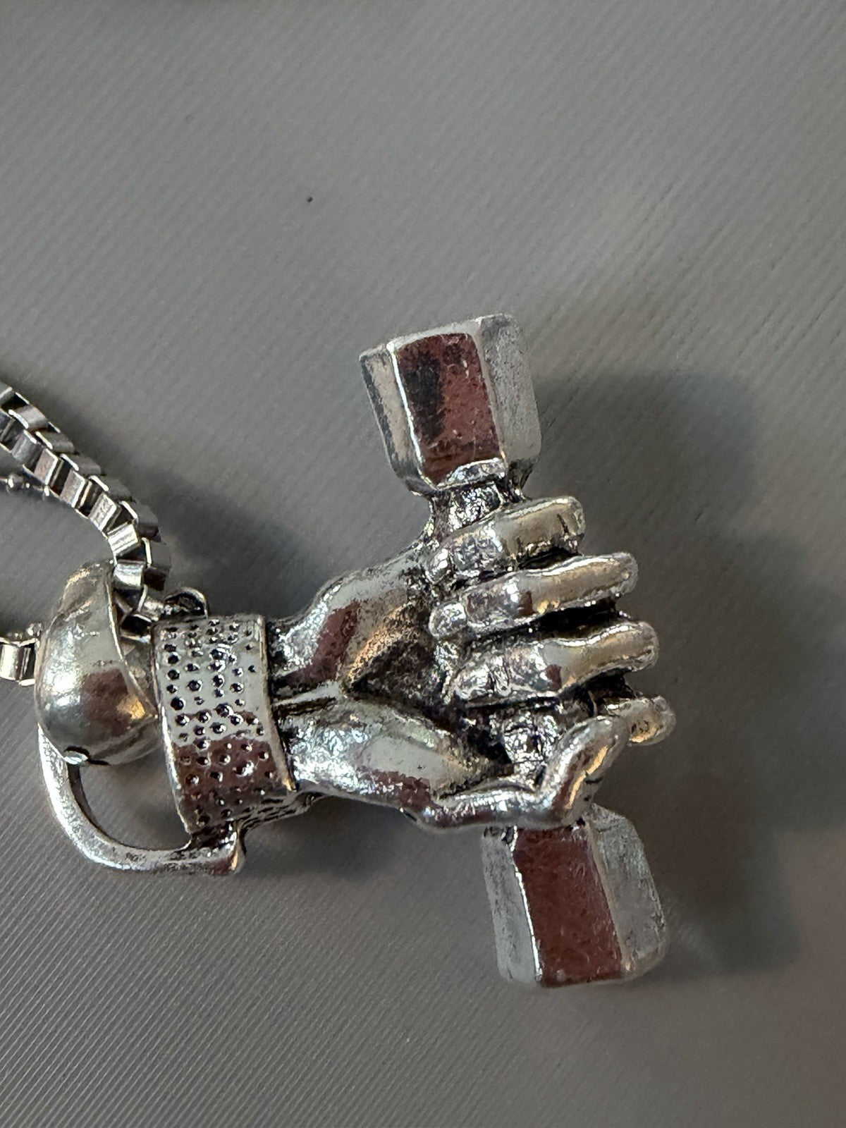 Dumbell Hand Pendant Silver Toned Weightlifting CrossFit Bodybuild