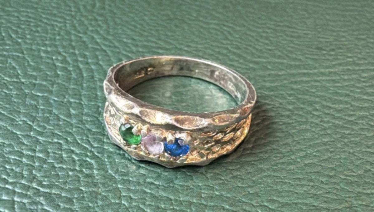 Sterling Silver 925 Ring with Green spinel, diamond and blue topaz, Size 6