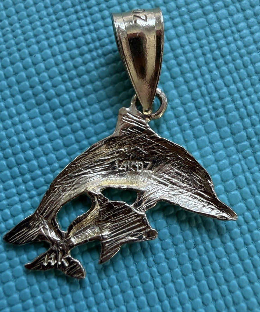 Beautiful Solid 14k Yellow Gold Double Dolphin Mom & Child Pendant Signed