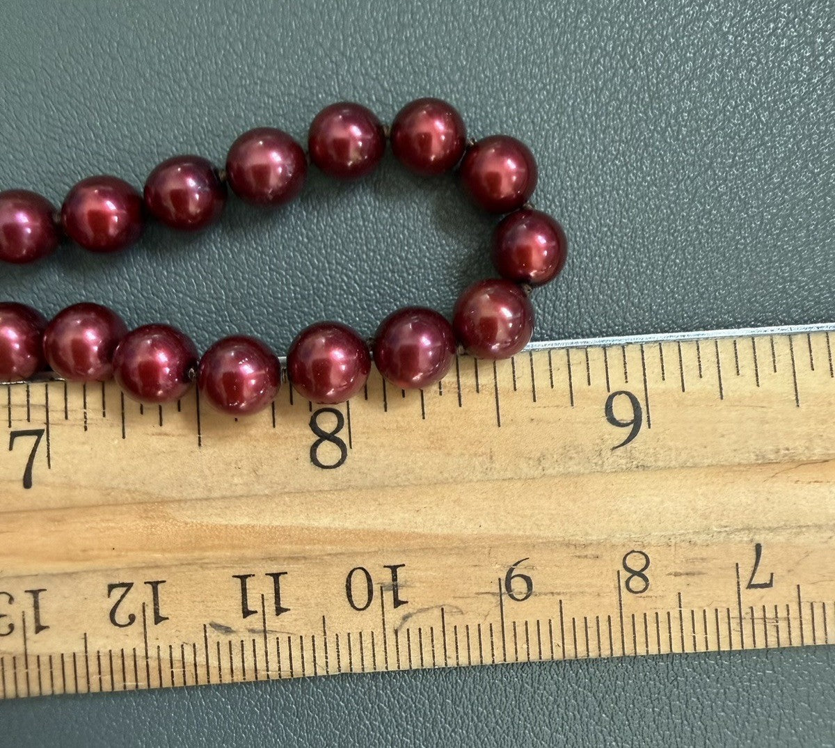 Beautiful burgundy red dyed cultured pearl 14K gold hand knotted necklace 17in