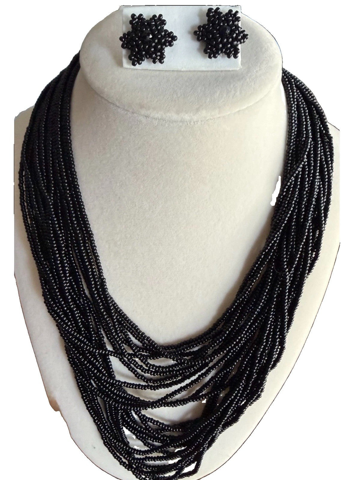Black Glass Seed Bead Multi Strand Statement Necklace Earrings Set
