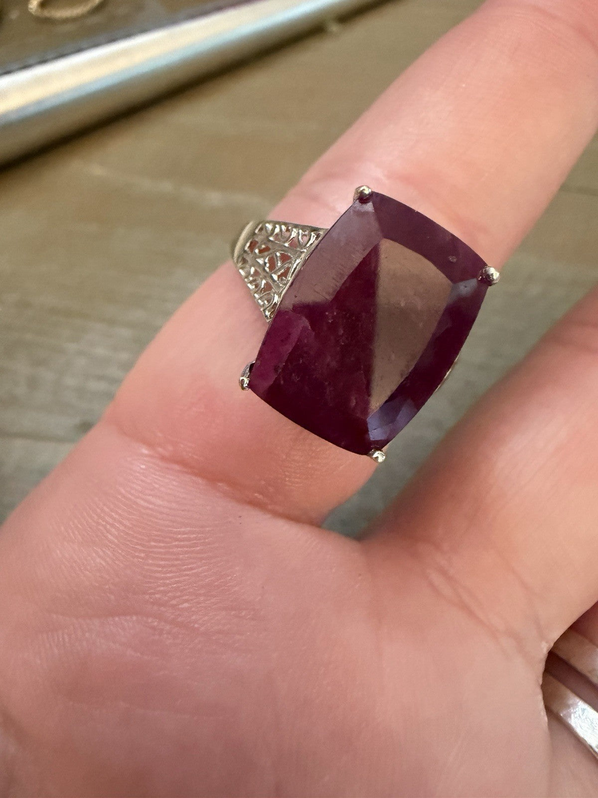 VJL Sterling Silver Large Ruby Corundum Statement Ring Cushion Cut Size 11.75