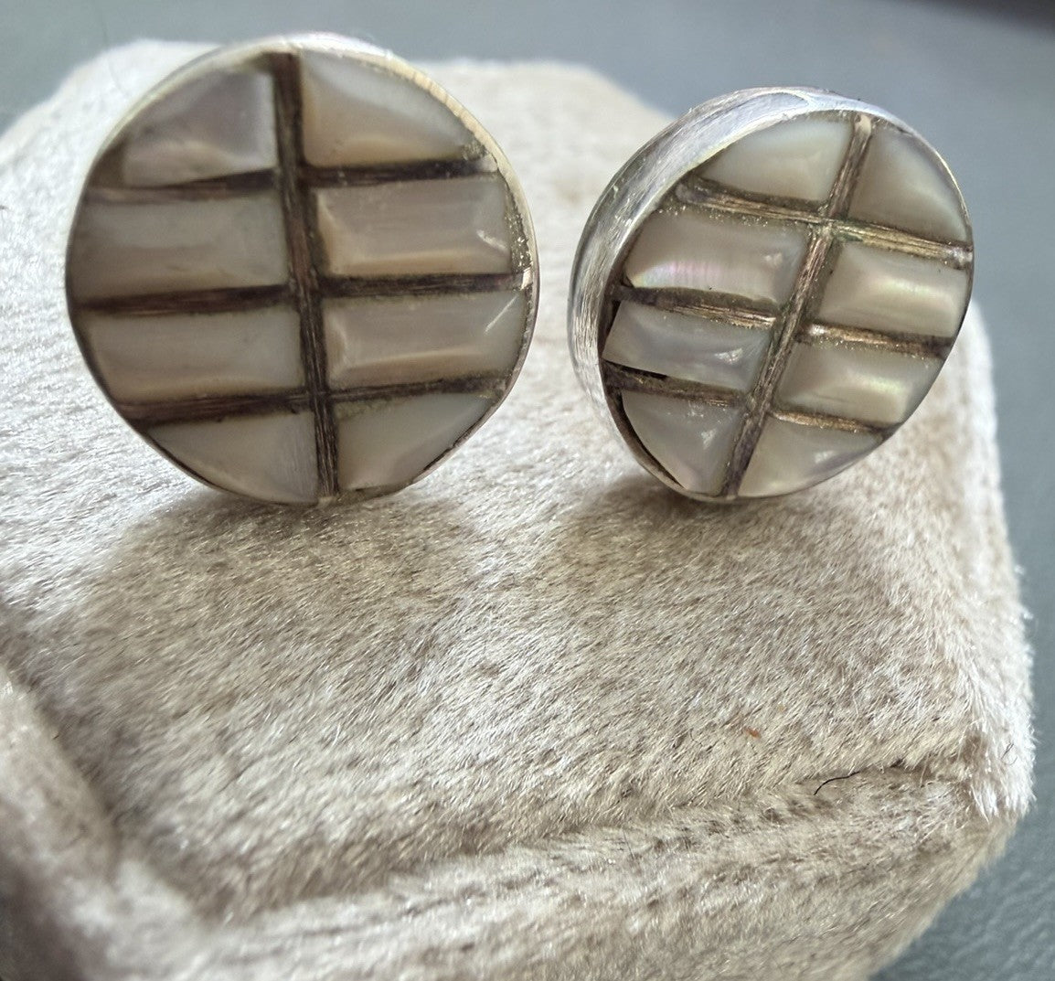 Vintage Earrings 925 Sterling Silver Mosaic Mother of Pearl Inlay Pierced