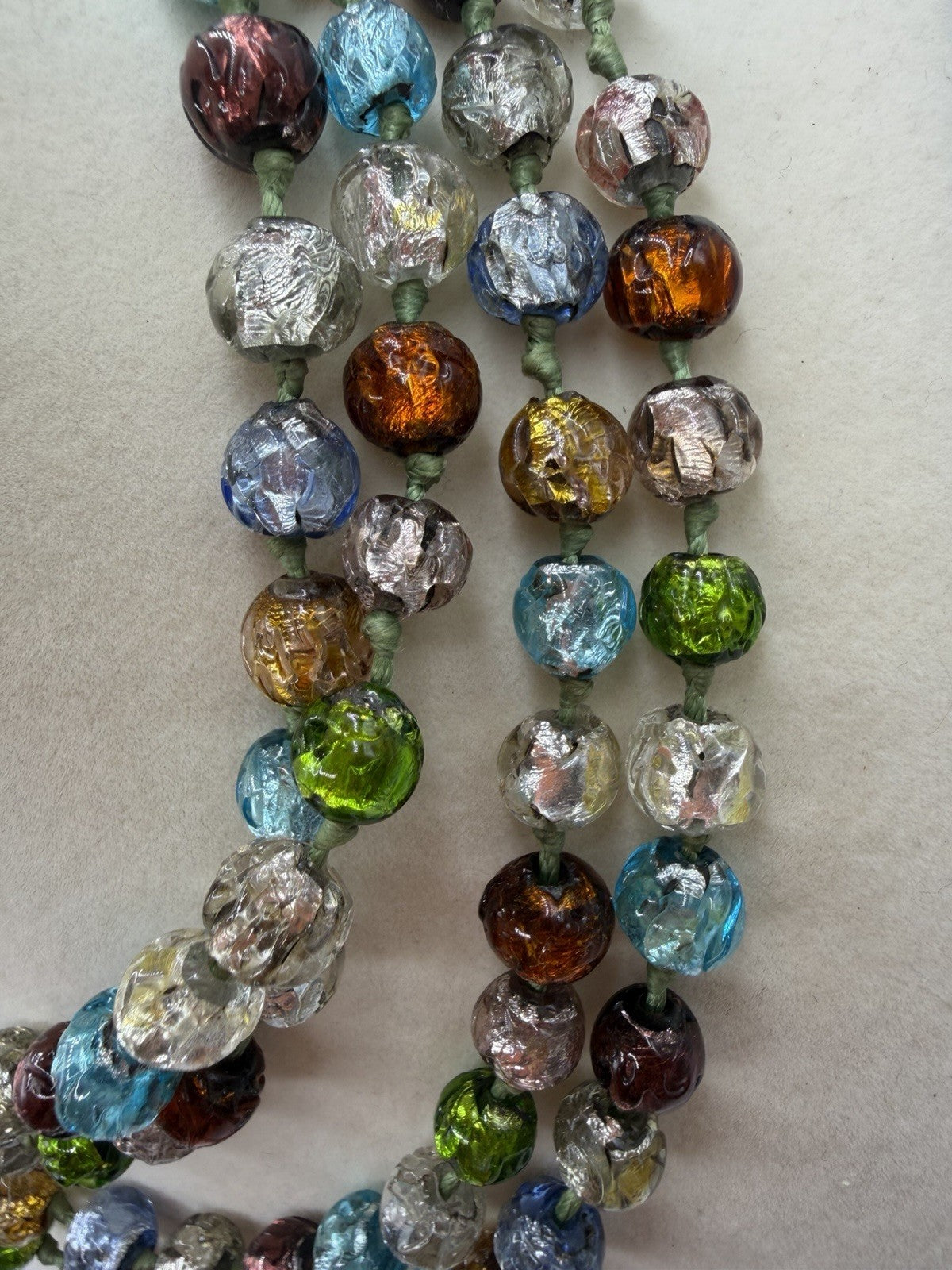 Vintage 48+inch Venetian Murano Art Multi Color Glass Silver Foil Hand Knotted