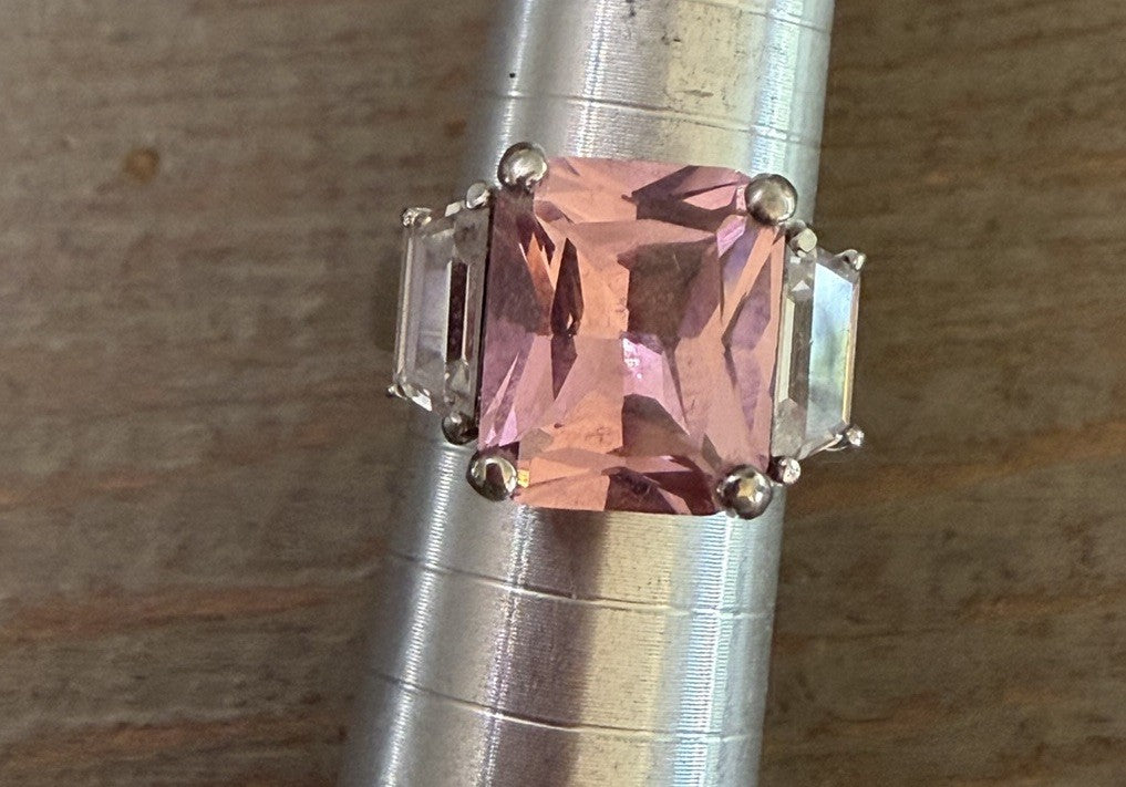 Pink Tourmaline Emerald Cut Ring Sterling Silver 925 Baguette Statement Ring