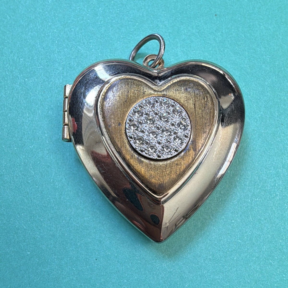 Vintage Gold Tone Layered Double Heart Locket Pendant Rhinestone 1”
