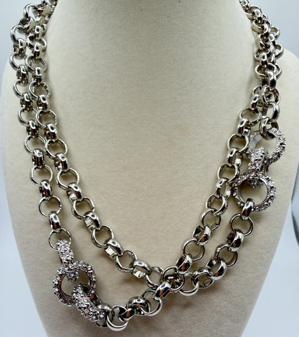 COLDWATER CREEK Chunky Silver Tone Chain Crystal Accent Long Statement Necklace