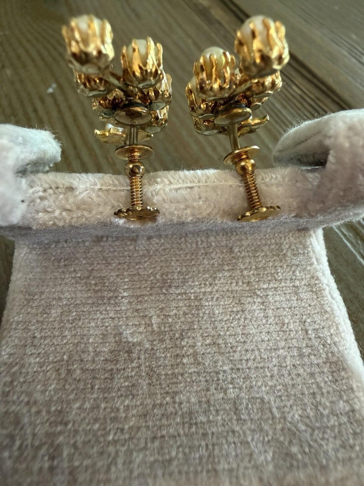 Vintage Gold Filled Earrings Grape/leaf Cluster 12K Simulated Pearl Screw Back