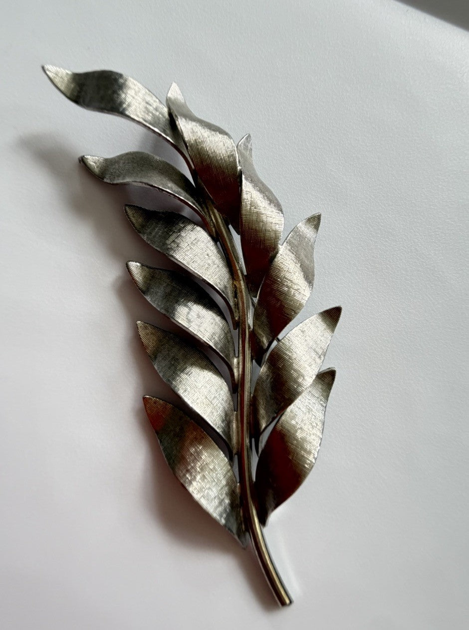 Vintage 60’s Brushed Silver Tone Leaf Brooch Pin