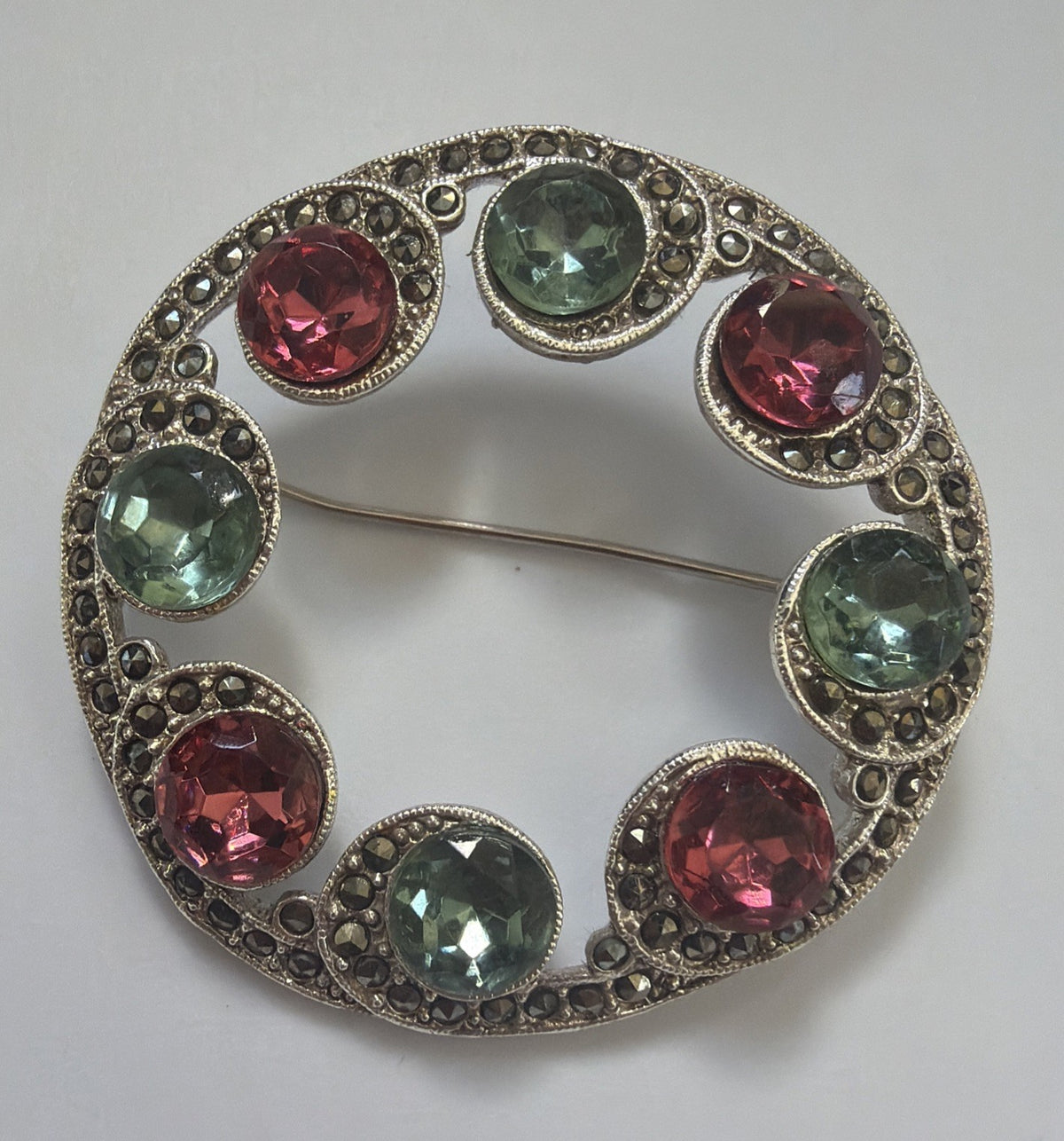 Vintage Art Deco Silver-tone Pink & Blue Circle Brooch w/ Marcasites 2inch