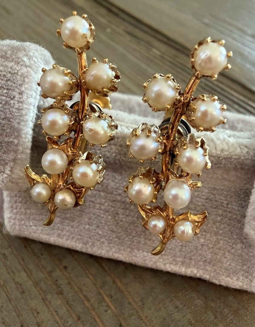 Vintage Gold Filled Earrings Grape/leaf Cluster 12K Simulated Pearl Screw Back