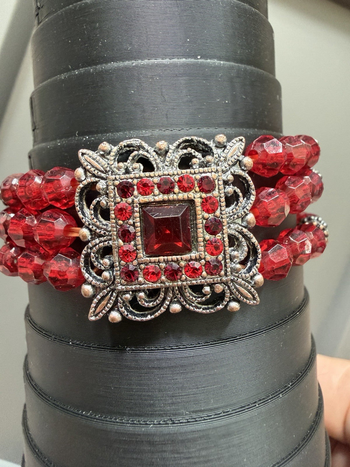 Red Beaded Glass Bracelet Stretch Ornate Metal Accent Square - Art Deco Style
