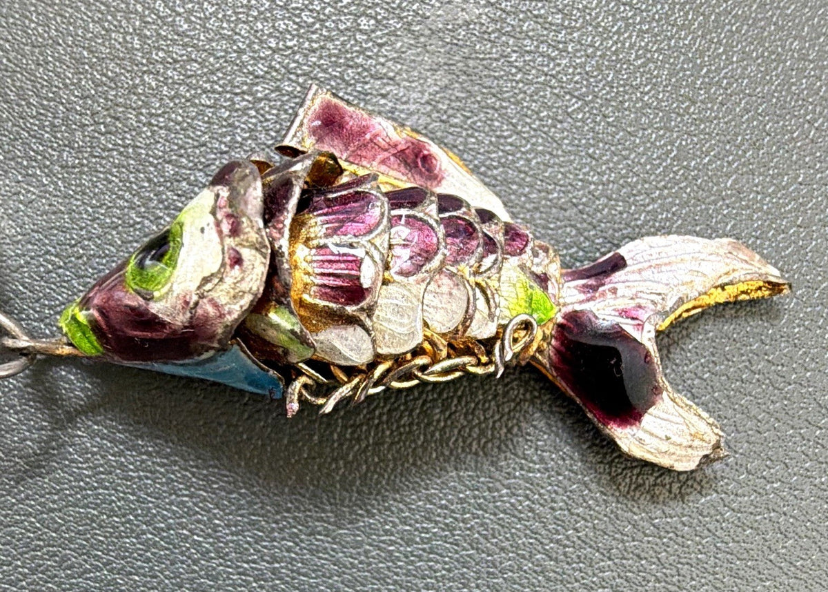 Multicolor Beaded Articulating Cloisonné Fish Pendant  Toggle Clasp