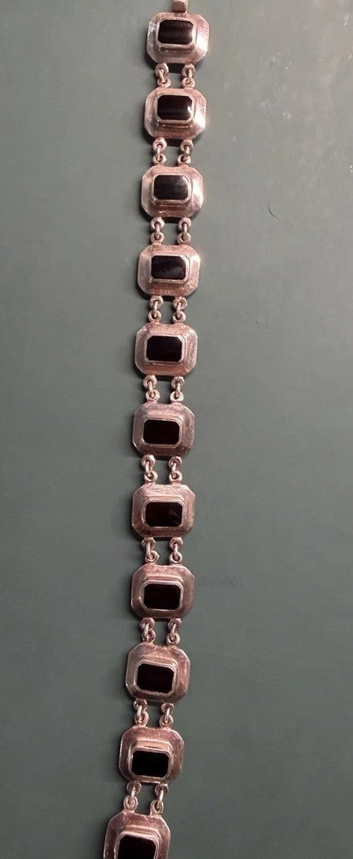 Vintage 925 Sterling Silver Black Onyx Link Bracelet 7.5in Box Clasp Signed ND