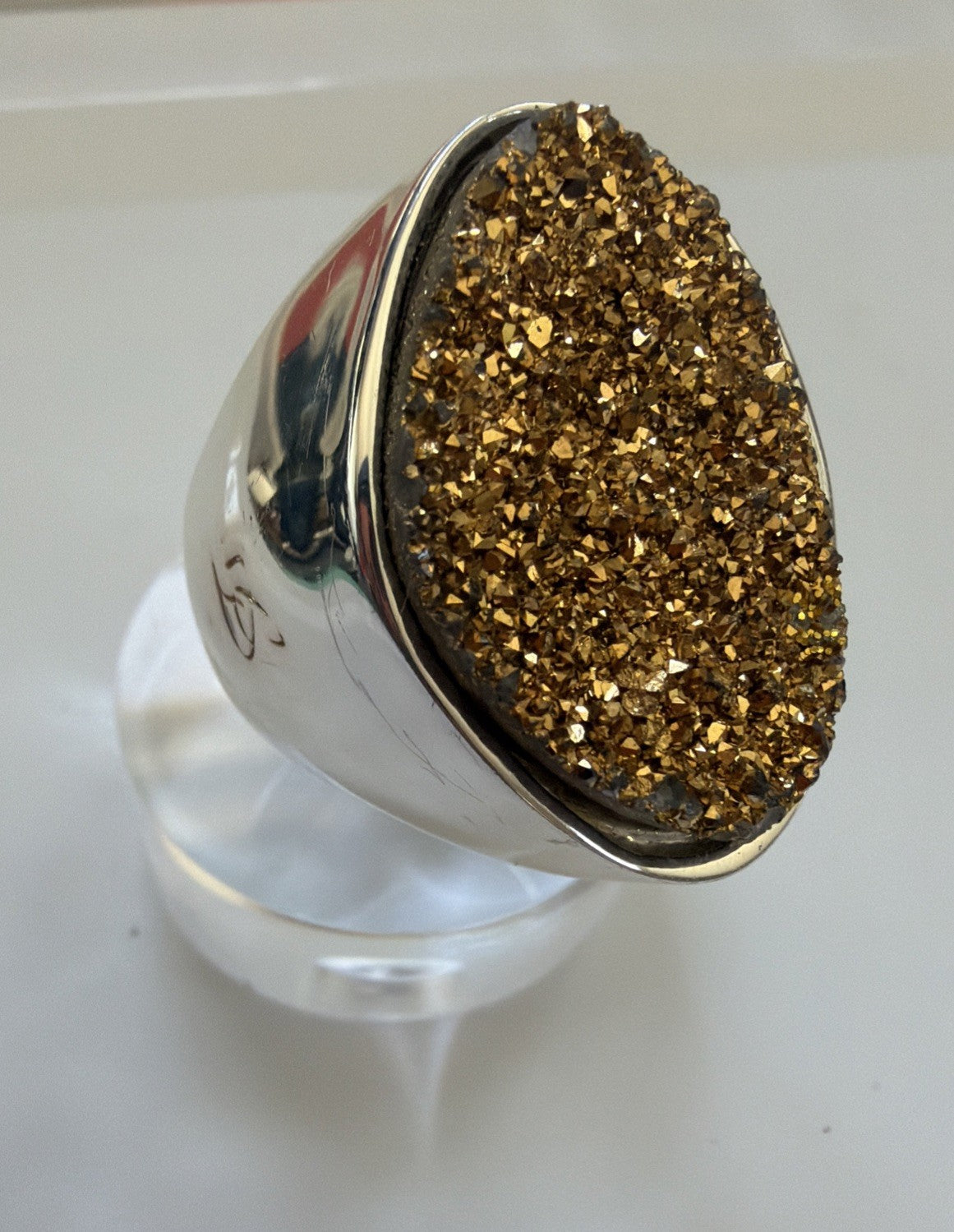 Large Christine Darren Silver tone Freeform Gold Color Drusy Quartz Ring. Sz8.75