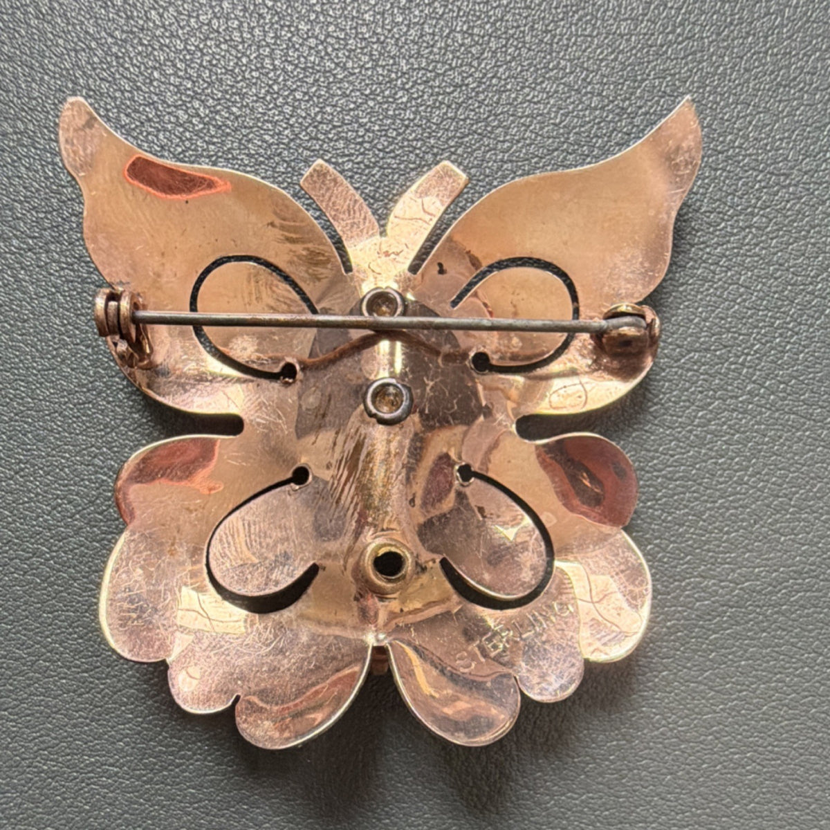 Vintage sterling silver Butterfly Brooch Pin, colored glass stones, 1.75 in