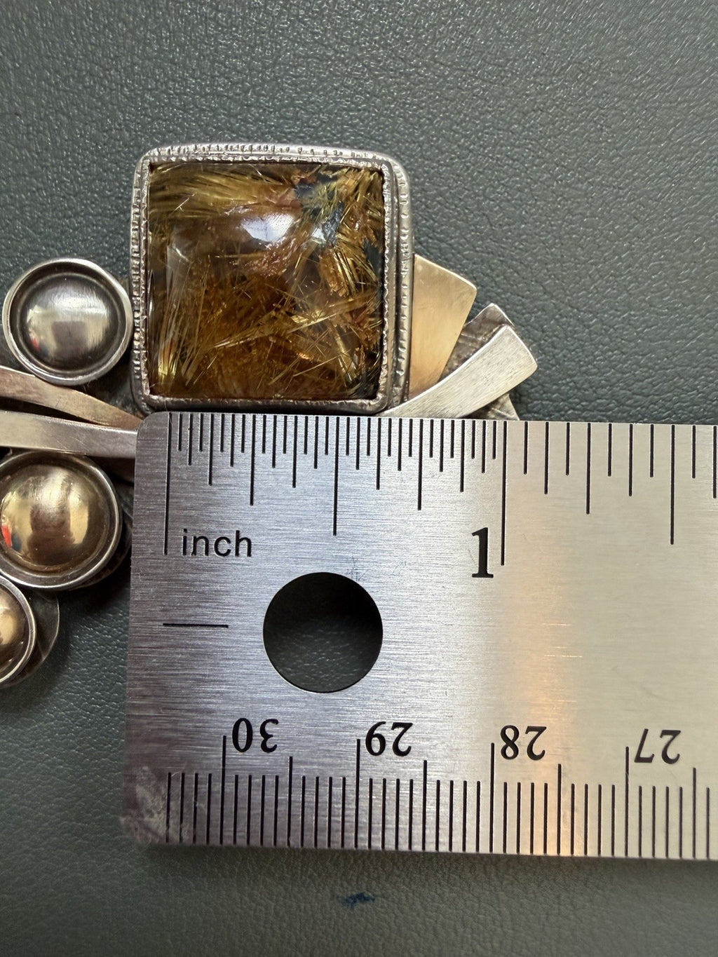 Patricia Karnes Stinson 14K Sterling Silver Rutilated Quartz Brutalist Brooch