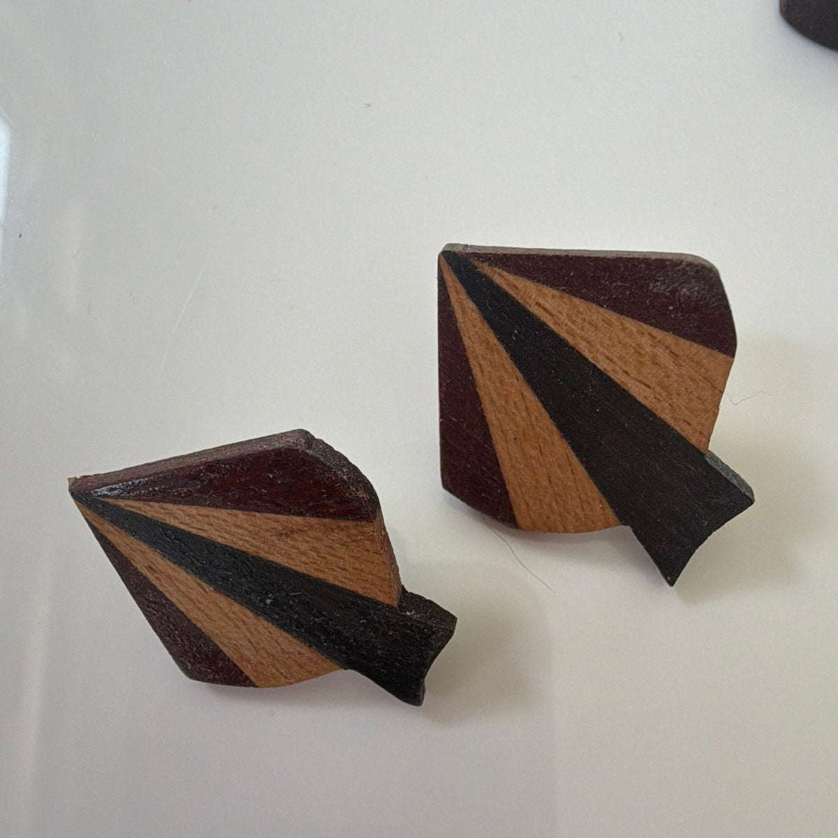 Geometric Art Deco Wood Inlay Asymmetrical Brooch & Earring Set Brown Black 3pc