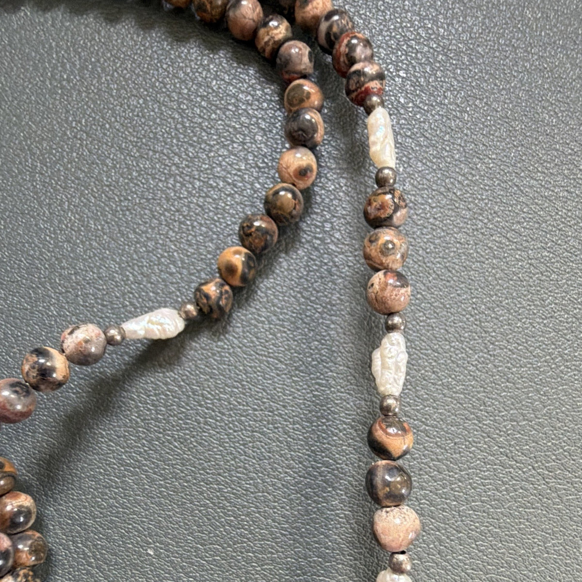 Vintage 925 Sterling Silver Leopard Skin Jasper Pendant Beaded Necklace Artisan