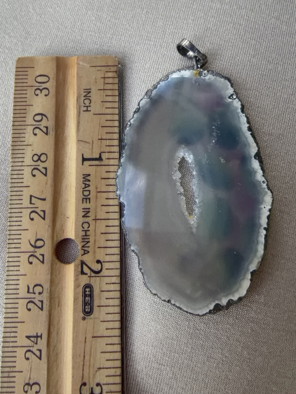 Hand Painted Polished Agate Slab Silver Purple Blue Flowers Pendant